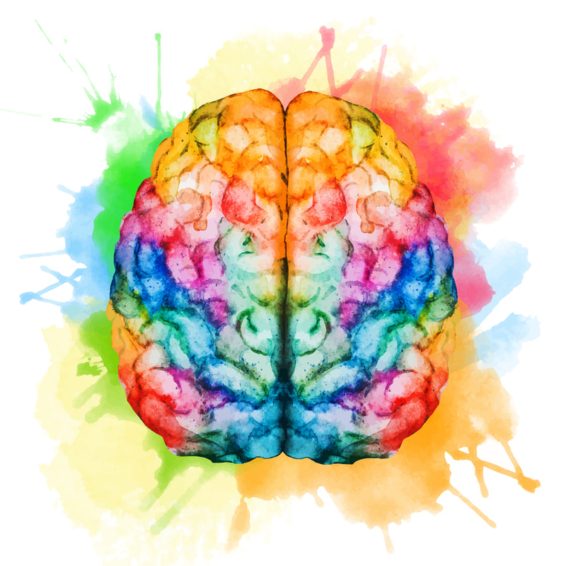 Artistic painterly rendition of a brain in colorful rainbow tones