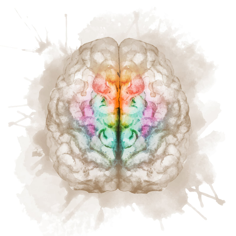 Artistic painterly rendition of a brain in neutral tones, with small patch of faded rainbow colors representing limited resources