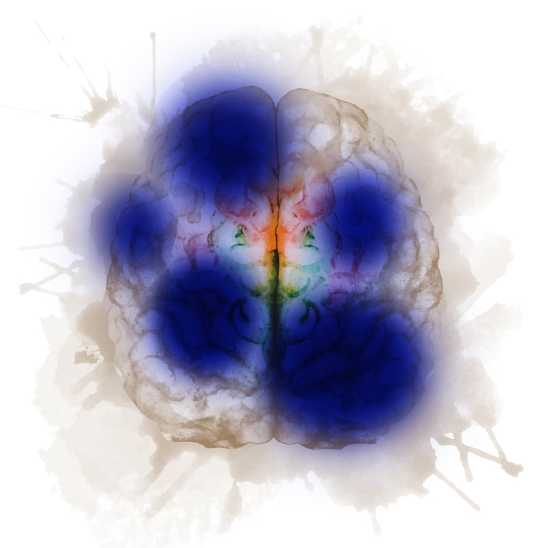 Artistic painterly rendition of a brain in neutral tones, with small patch of faded rainbow colors representing limited resources, with large dark blue blotches covering most of it